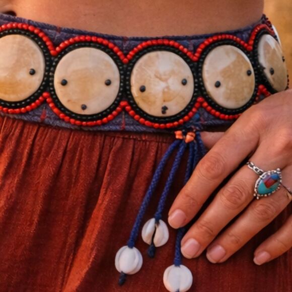 Hand crafted Mexican beaded and Stone fabric wide tie belt red black Vintage main image 8